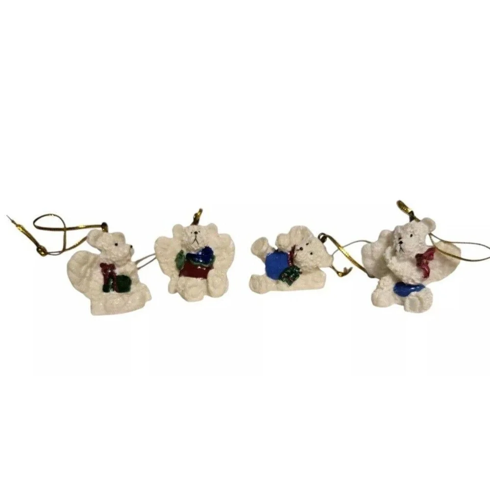 (4) Christmas Ornaments Angel Bear Wings SetPolystone Ornaments